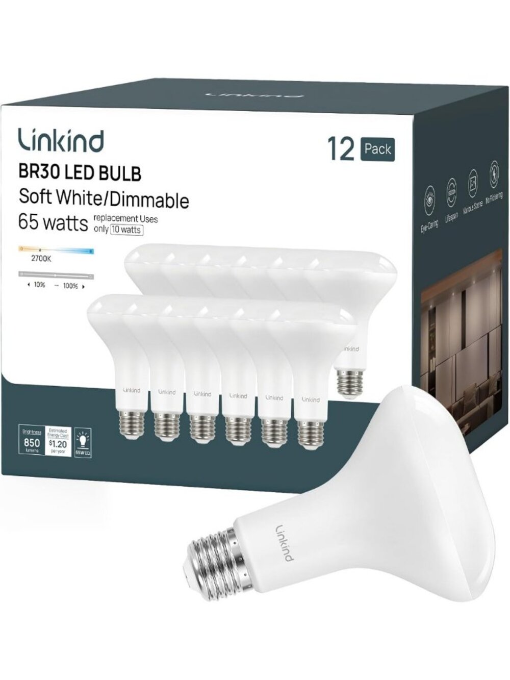 12-Pack 10W BR30 LED Flood Light Bulbs, 850 Lumens, Warm White 2700K Indoor